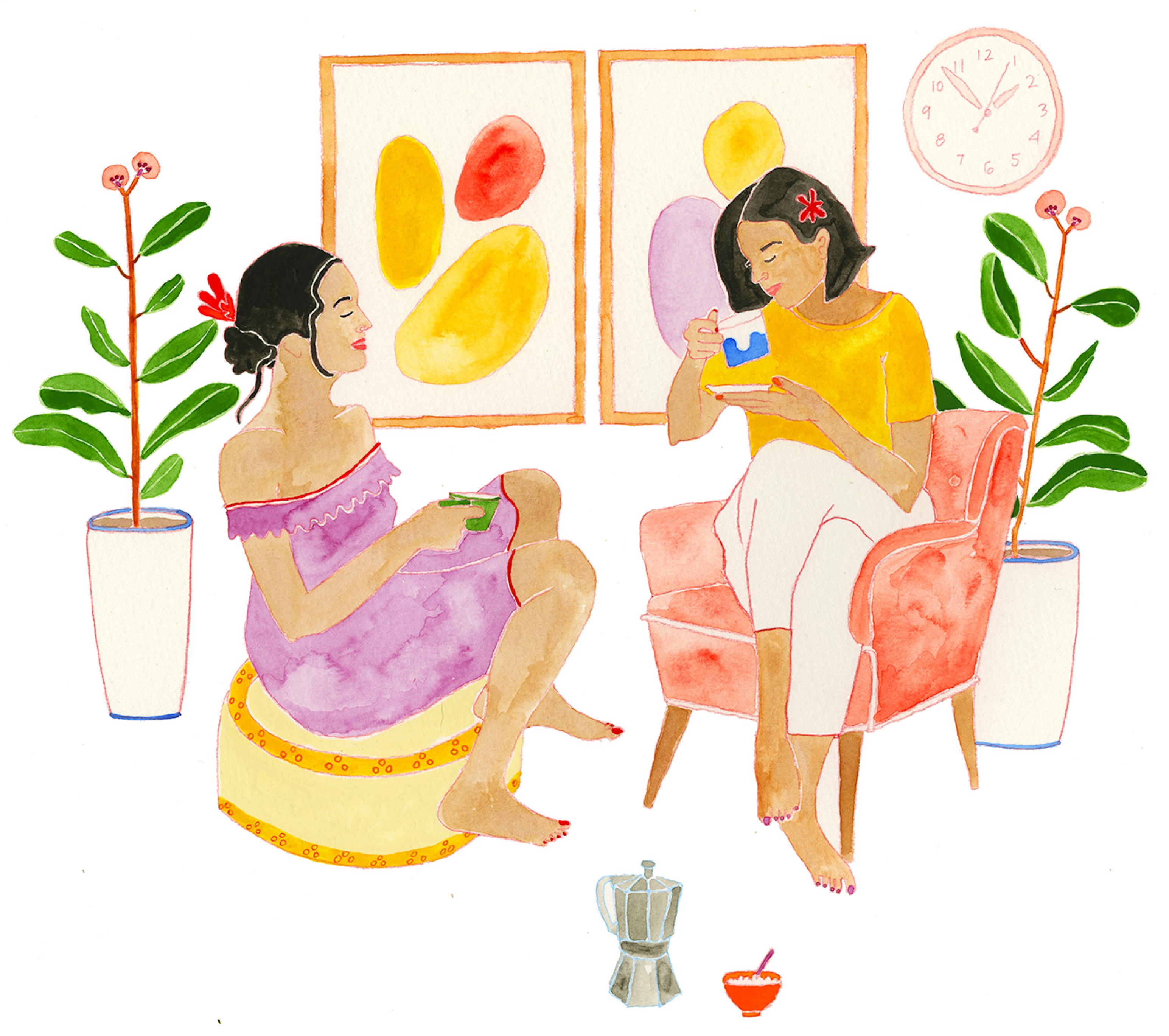 Painting of two women having tea